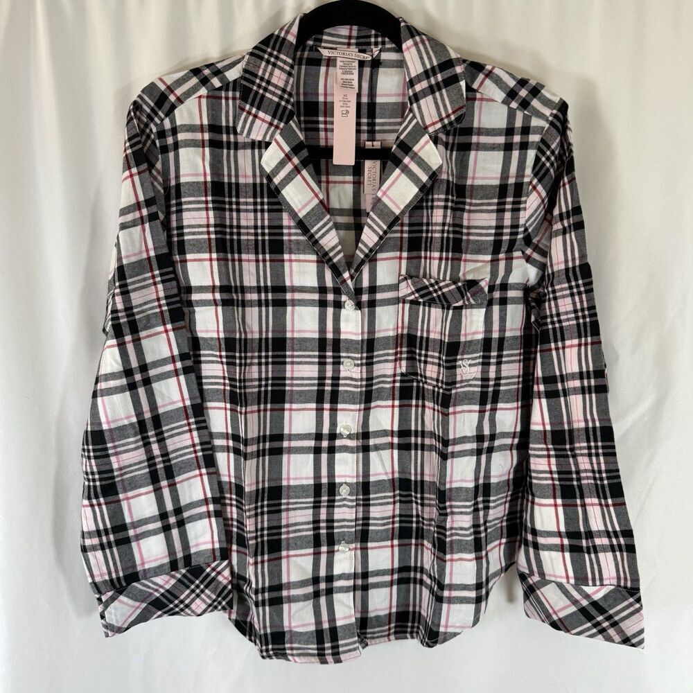 New Victoria's Secret Pajama Top Women's XS Short Plaid Button Up Collared
